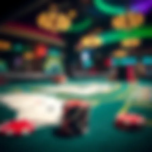 A vibrant table layout of a blackjack game showcasing the cards and chips.