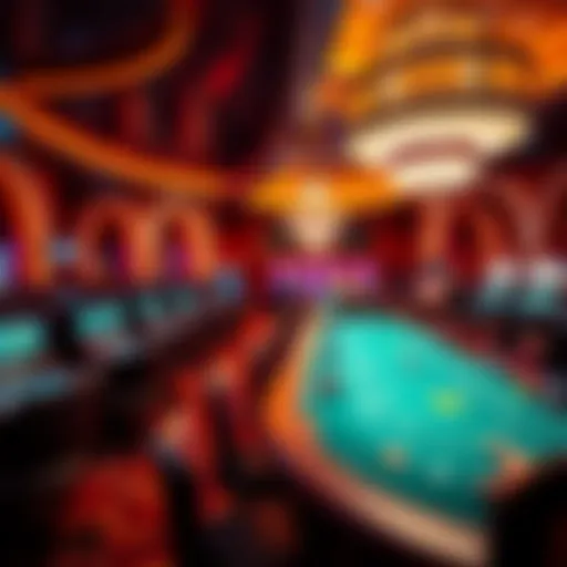 An elegant casino interior showcasing gaming tables and vibrant decor