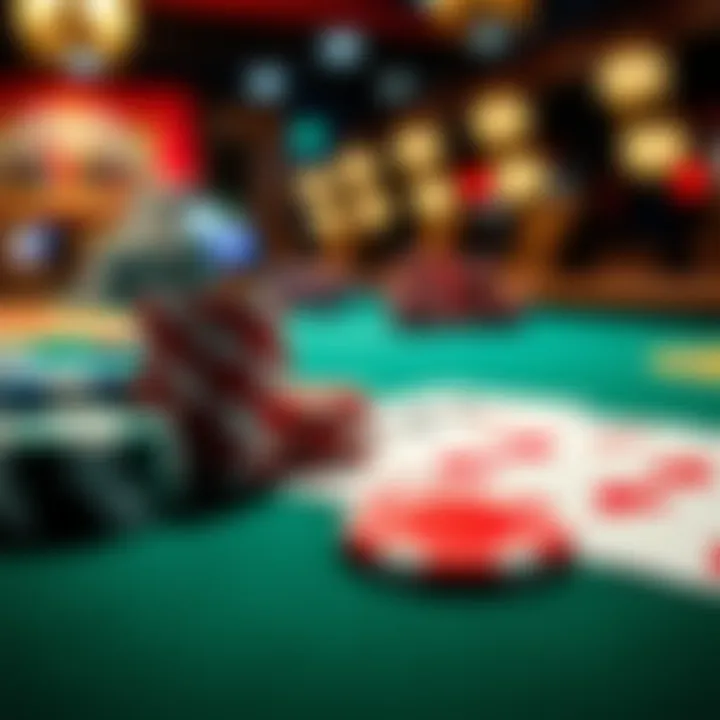 A close-up view of poker chips and cards on a gaming table