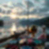 A serene lakeside view with fishing gear and casino elements