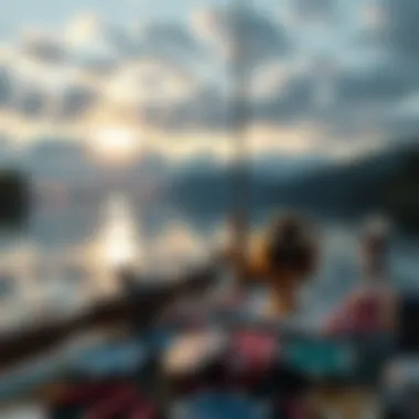 A serene lakeside view with fishing gear and casino elements