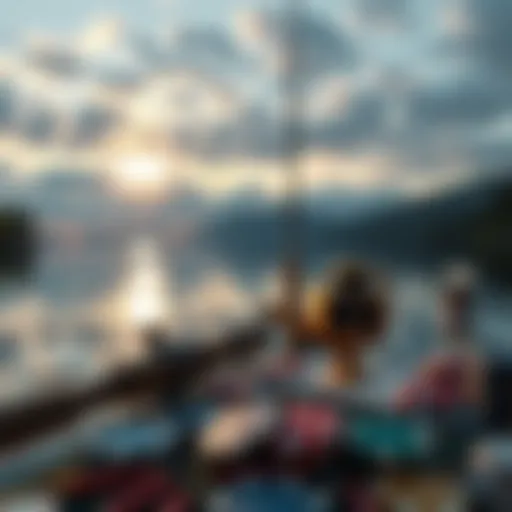 A serene lakeside view with fishing gear and casino elements