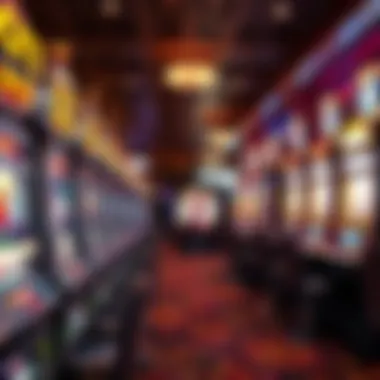 An overview of a bustling casino floor showcasing various slot machines in action
