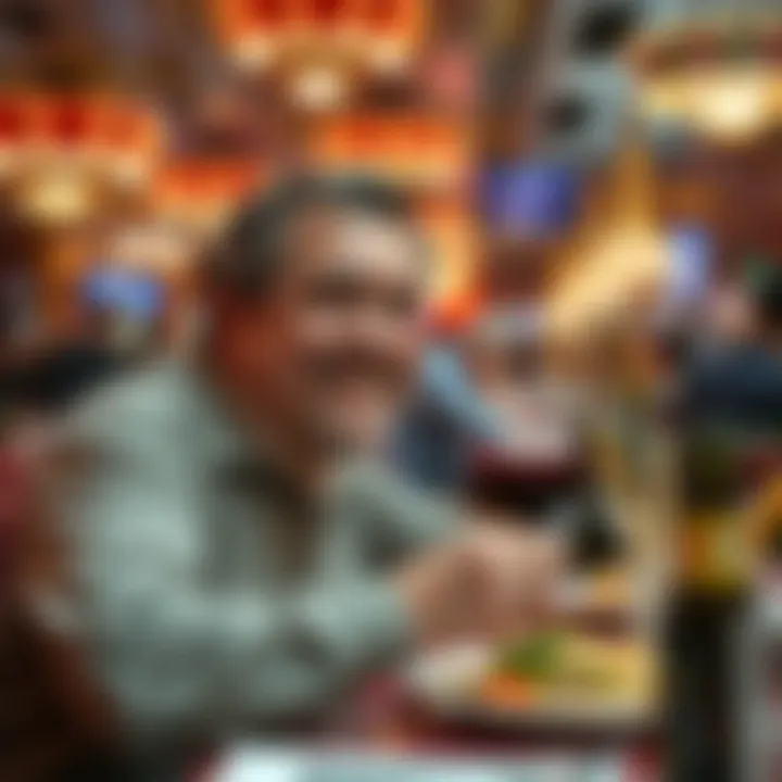 A satisfied diner enjoying a meal at a bustling Las Vegas restaurant