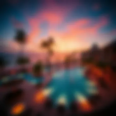 Spectacular view of a resort pool area at sunset