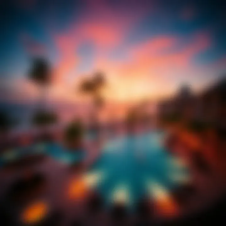 Spectacular view of a resort pool area at sunset