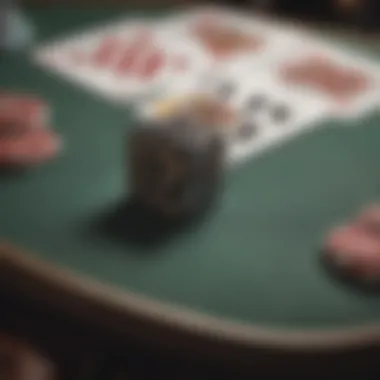 A close-up of a $5 blackjack table with chips and cards