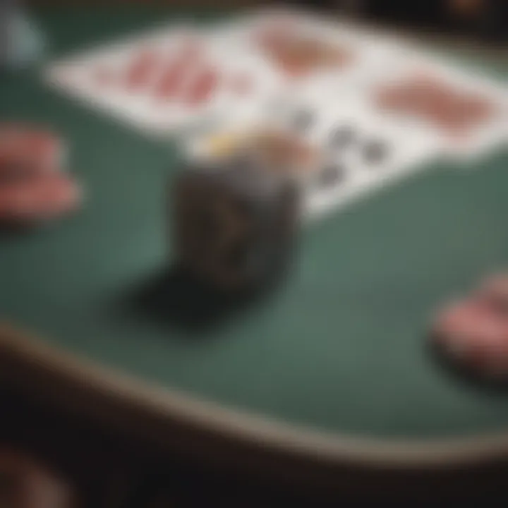 A close-up of a $5 blackjack table with chips and cards