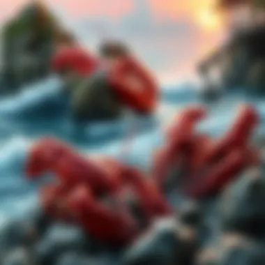 Thematic elements of Lobstermania featuring a coastal scene with lobsters and ocean waves
