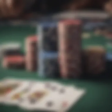 Close-up of poker chips and cards laid out on a table