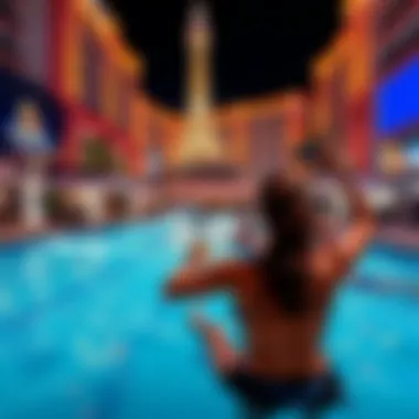 Guests enjoying amenities at a hotel pool on the Strip