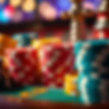 A close-up view of roulette chips in various colors ready for betting.