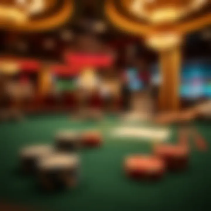 A high-stakes poker table with chips and cards in focus