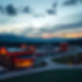 Panoramic view of a Catskills casino at dusk