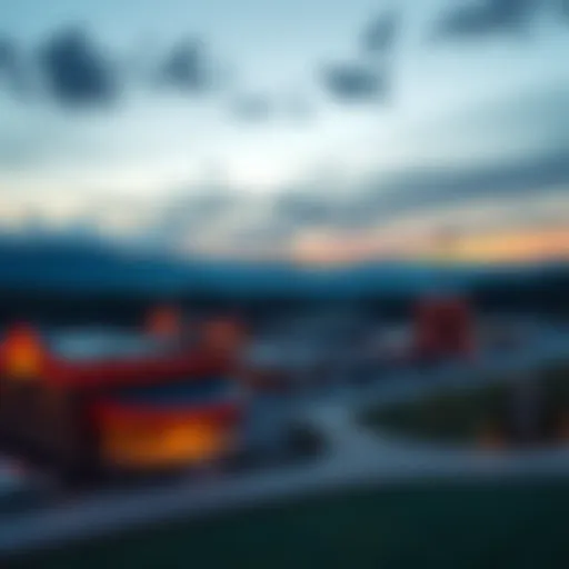 Panoramic view of a Catskills casino at dusk