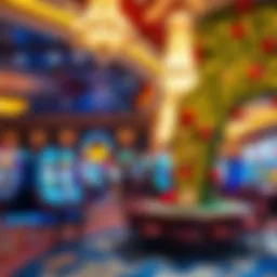 A festive casino lobby decorated with holiday lights and ornaments