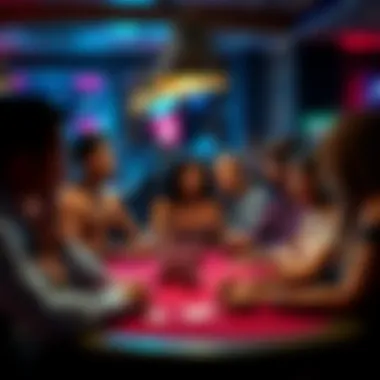 A diverse group engaged in lively discussions during a strip poker night