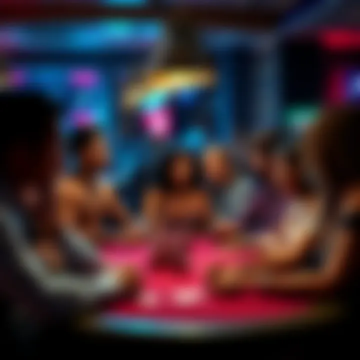 A diverse group engaged in lively discussions during a strip poker night