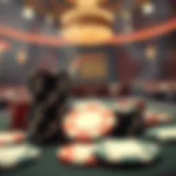 Intricate design of poker chips with a blurred background of a smoky poker room