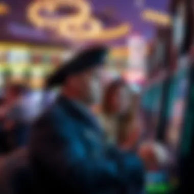 A modern casino environment with players engaged in pirate-themed slot machines, showcasing technology's impact