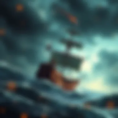 A cinematic depiction of a pirate ship sailing through stormy seas, embodying adventure