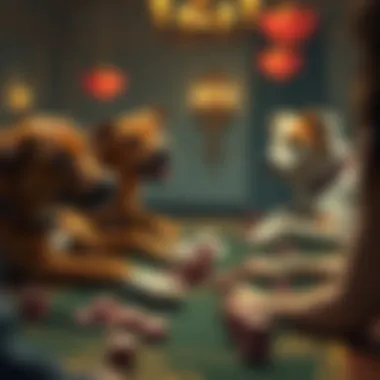 A whimsical depiction of dogs engaging in a poker game
