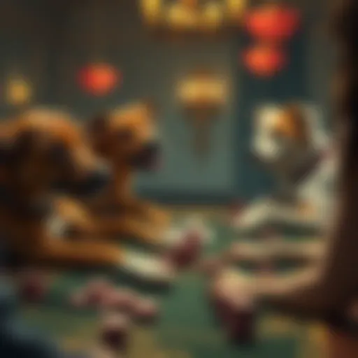A whimsical depiction of dogs engaging in a poker game