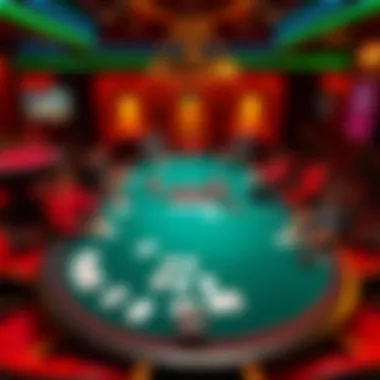 An intricate poker table setup with various card games