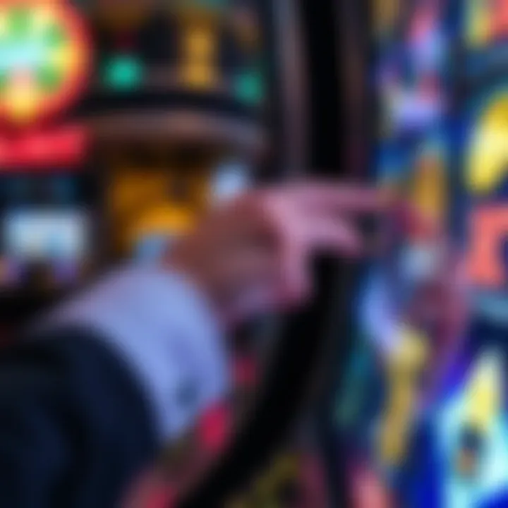 A close-up of a player's hand interacting with a touchscreen slot machine