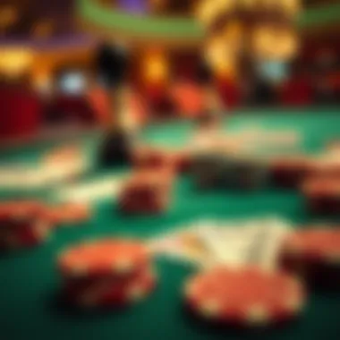 Close-up of poker chips and cards on a table