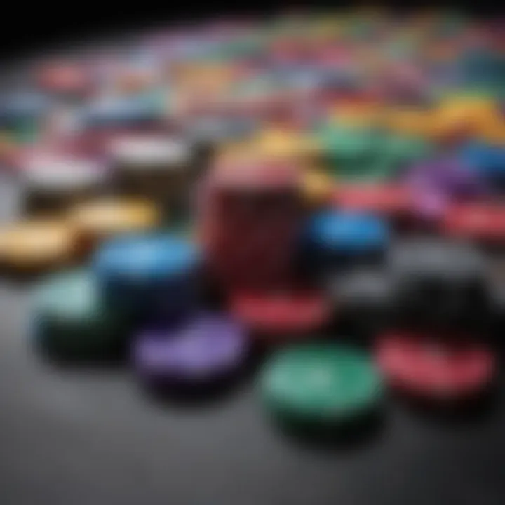 An array of colorful MRC poker chips displayed elegantly on a gaming table