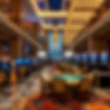 Luxurious resort lobby with digital gaming setups