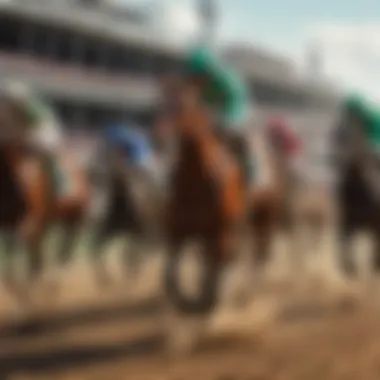 A dramatic view of horses racing during the Kentucky Derby