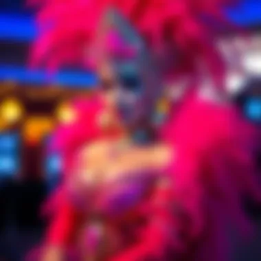 A dazzling Vegas showgirl in a vibrant costume adorned with feathers and sequins