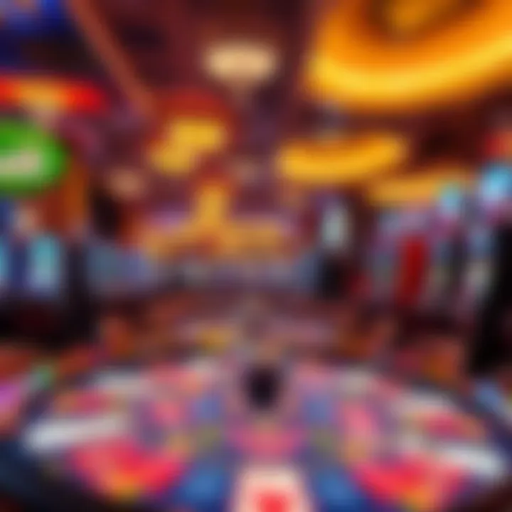 Interior of a bustling casino floor filled with gaming tables and slot machines