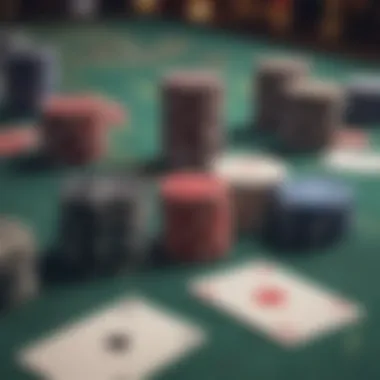 A close-up of gambling chips and cards on a betting table