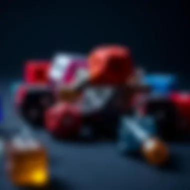 An array of polyhedral dice arranged artistically, emphasizing their complexity and variety.