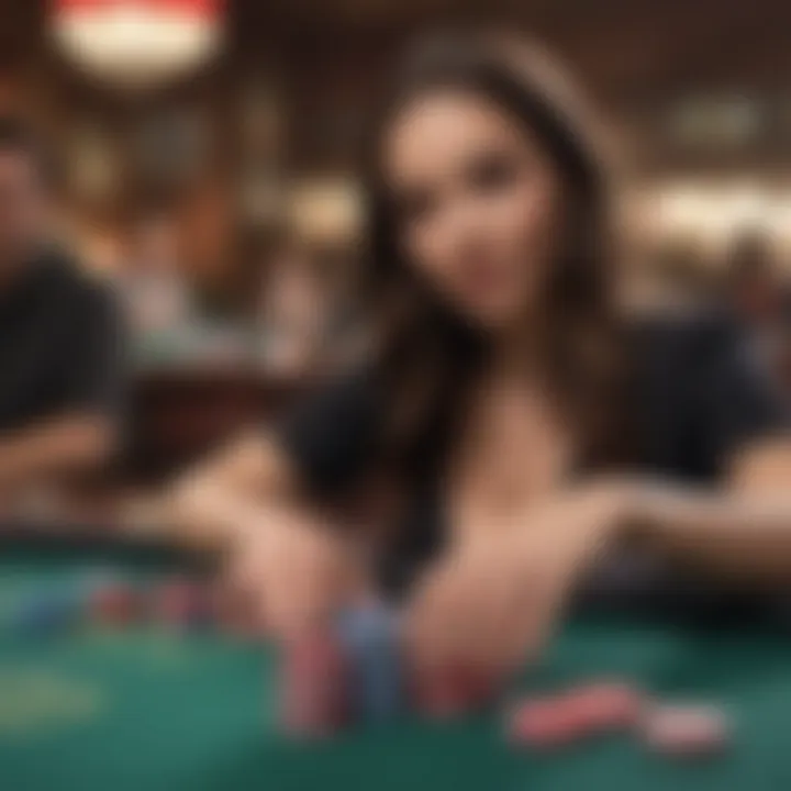 Close-up of a poker hostess assisting players with chips