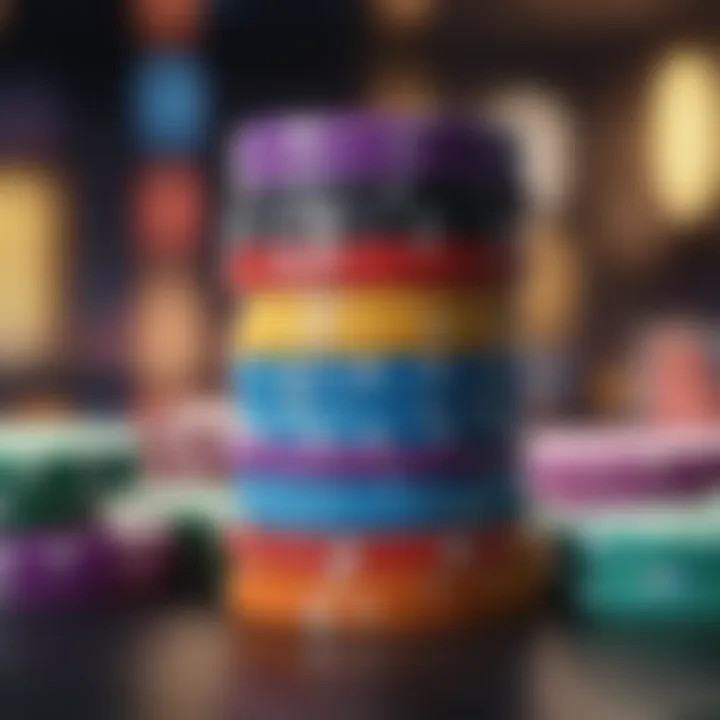 A stack of colorful casino chips